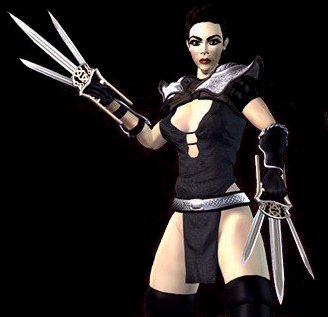 A mean-looking lady with a pair of rather large scissor katars